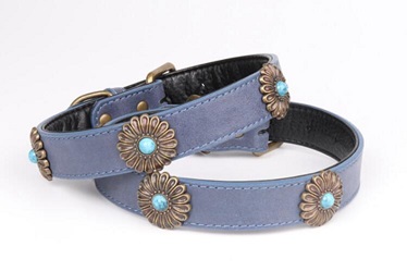 Sunflower/blue real leather pet collars for small medium large dog
